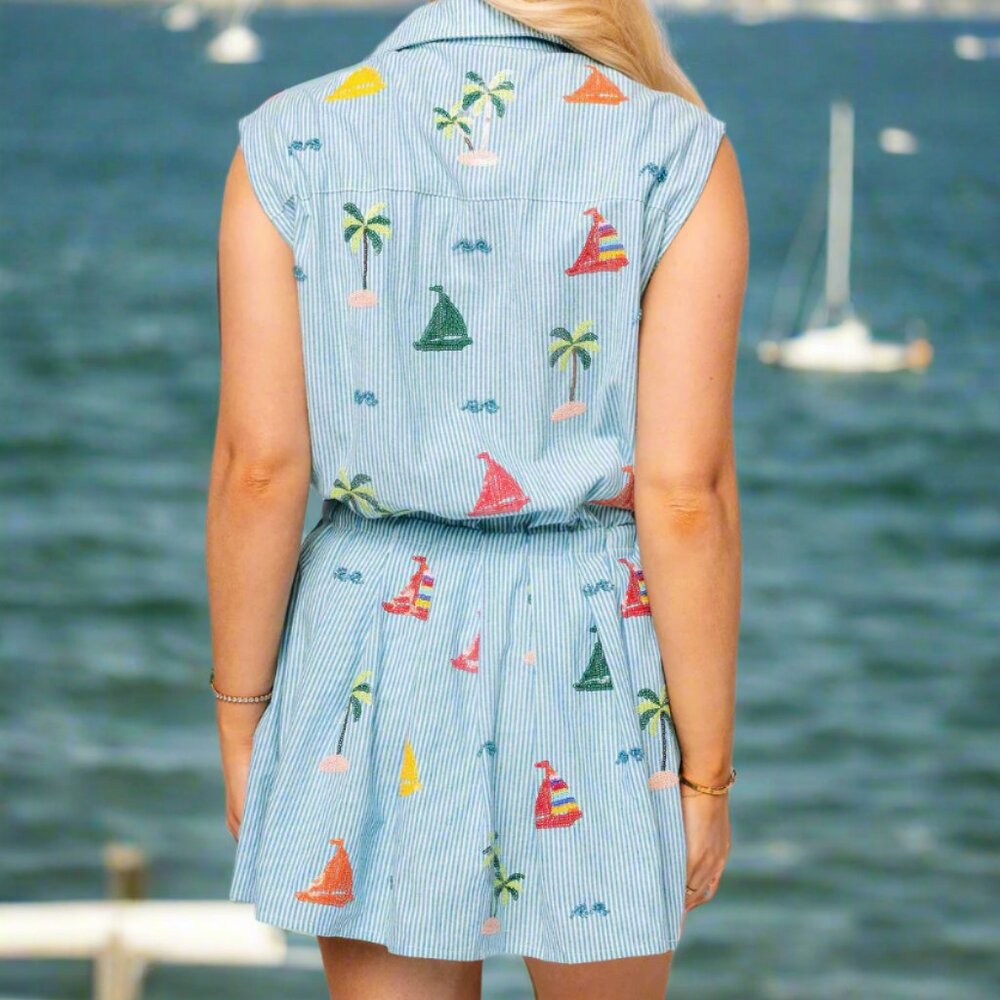 NWT Queen of Sparkles Blue Stripe Sail Boat & Palm Tree Icon Cotton Tie Dress - Picture 7 of 8